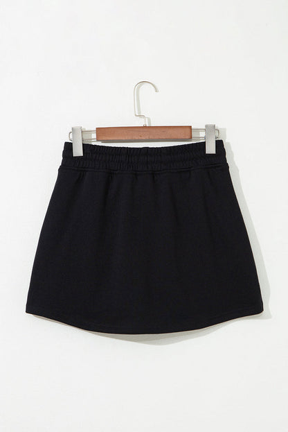Black French Terry Drawstring Mini Skort with Pockets - Skirts/Skort