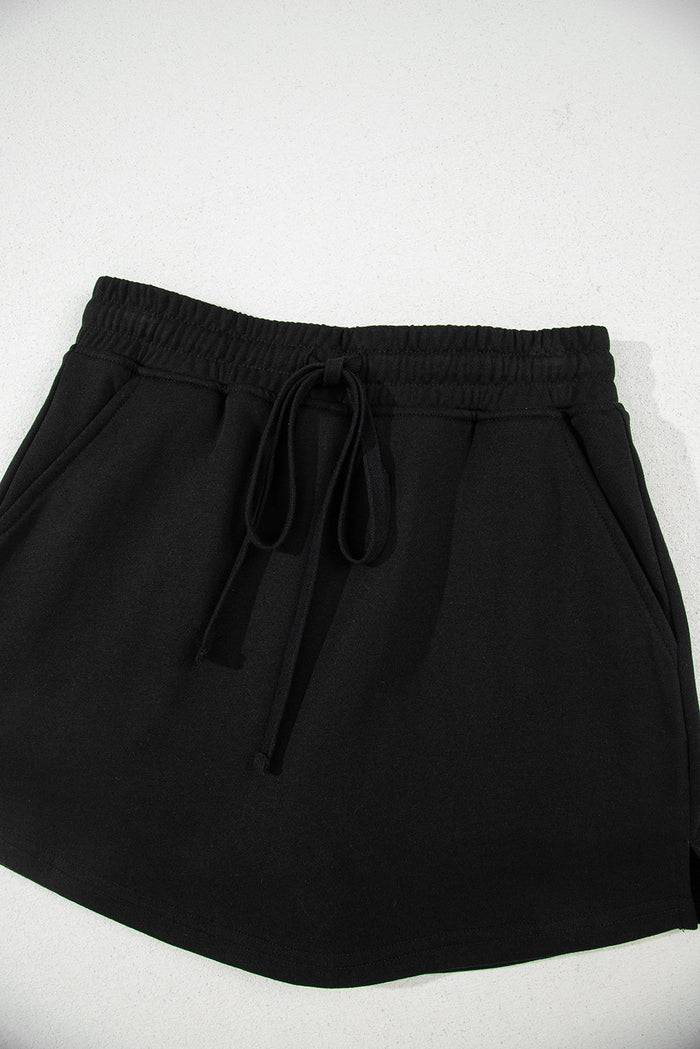 Black French Terry Drawstring Mini Skort with Pockets - Skirts/Skort