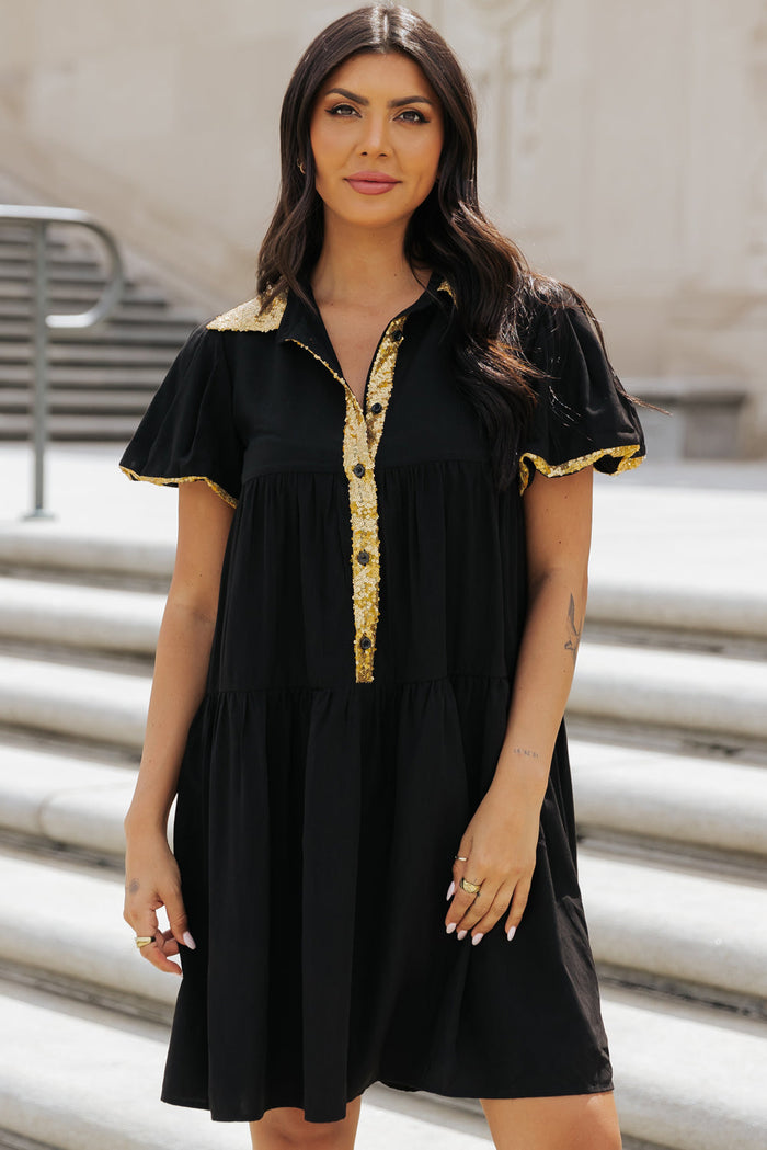 Black Sequin Trim Bubble Sleeve Game Day Shirt Dress - BLACK / S / 50% POLYESTER + 50% VISCOSE - Dresses/PartyDress