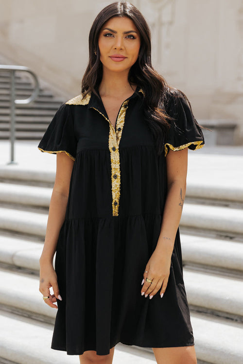 Black Sequin Trim Bubble Sleeve Game Day Shirt Dress - BLACK / S / 50% POLYESTER + 50% VISCOSE - Dresses/PartyDress