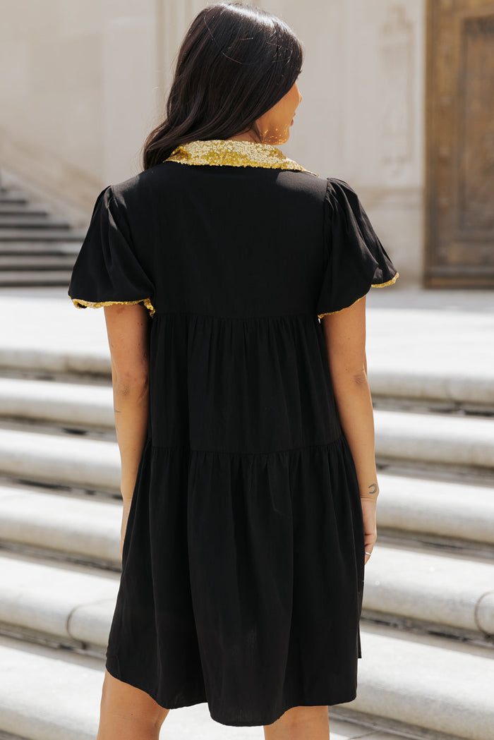 Black Sequin Trim Bubble Sleeve Game Day Shirt Dress - Dresses/PartyDress