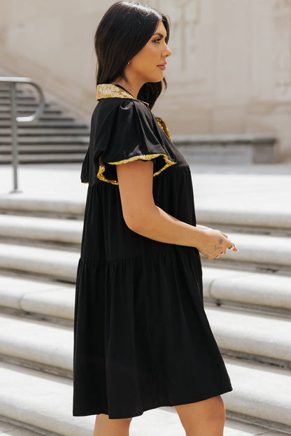 Black Sequin Trim Bubble Sleeve Game Day Shirt Dress - Dresses/PartyDress