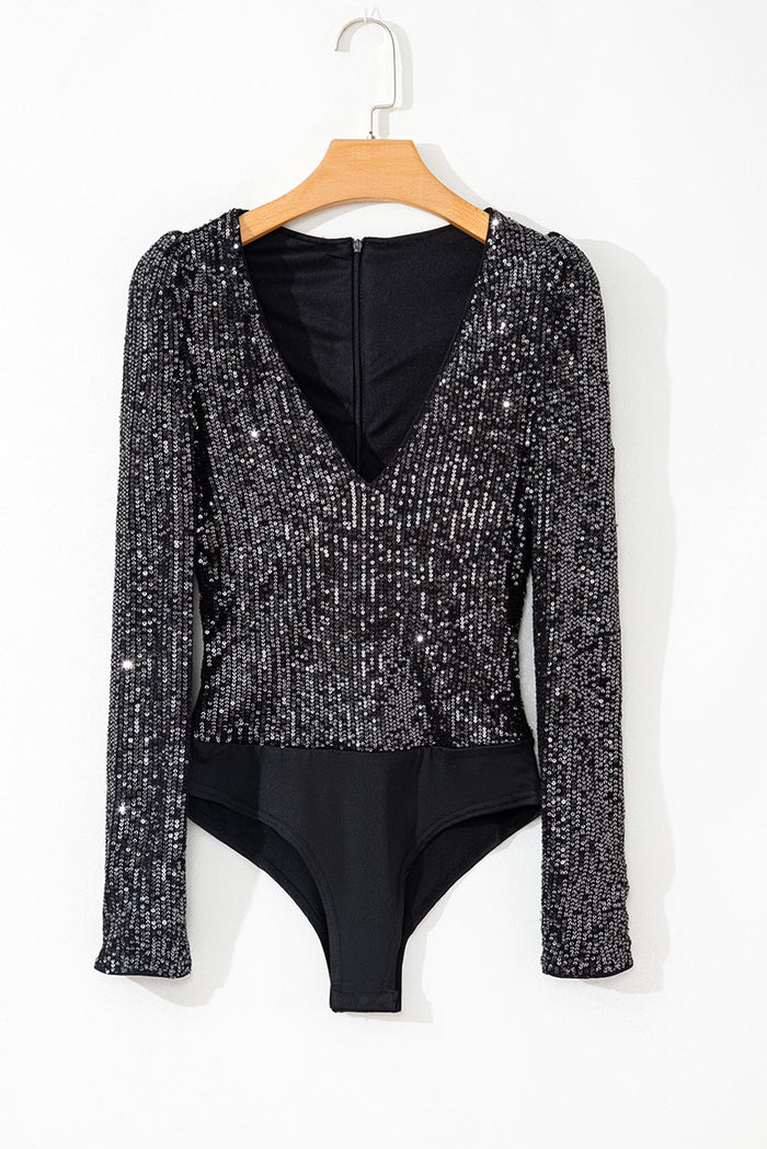 Black Sequin V Neck Zipped Long Sleeve Bodysuit - Occasionwear/bodysuits