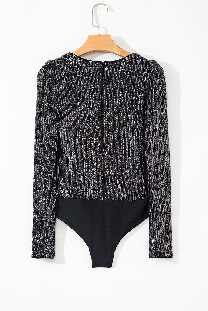 Black Sequin V Neck Zipped Long Sleeve Bodysuit - Occasionwear/bodysuits