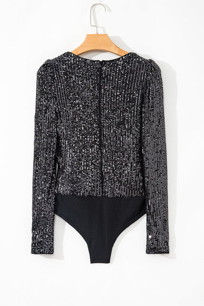 Black Sequin V Neck Zipped Long Sleeve Bodysuit - Occasionwear/bodysuits