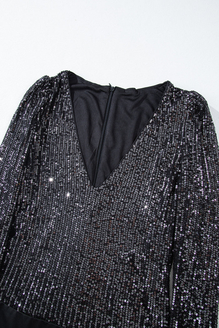 Black Sequin V Neck Zipped Long Sleeve Bodysuit - Occasionwear/bodysuits