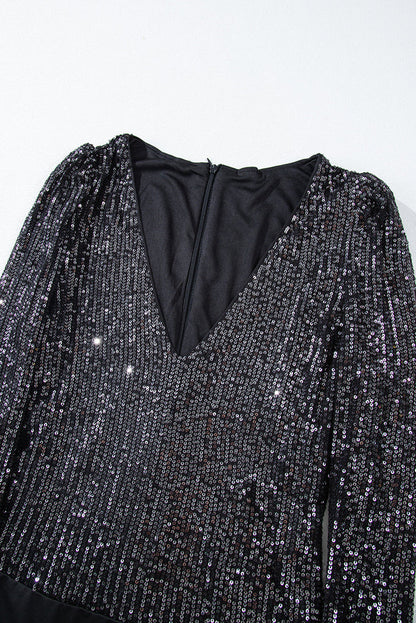 Black Sequin V Neck Zipped Long Sleeve Bodysuit - Occasionwear/bodysuits