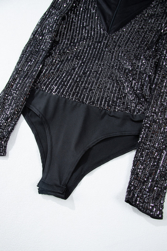 Black Sequin V Neck Zipped Long Sleeve Bodysuit - Occasionwear/bodysuits