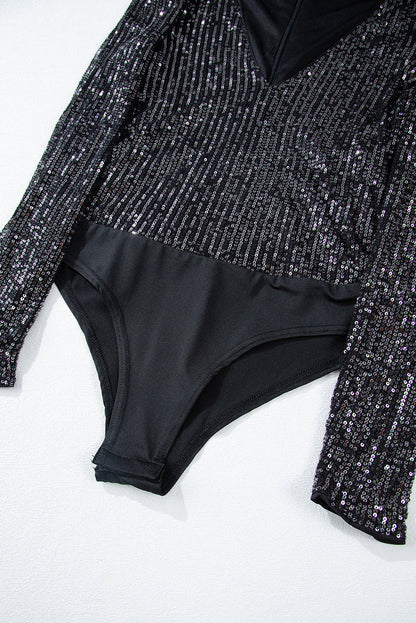Black Sequin V Neck Zipped Long Sleeve Bodysuit - Occasionwear/bodysuits