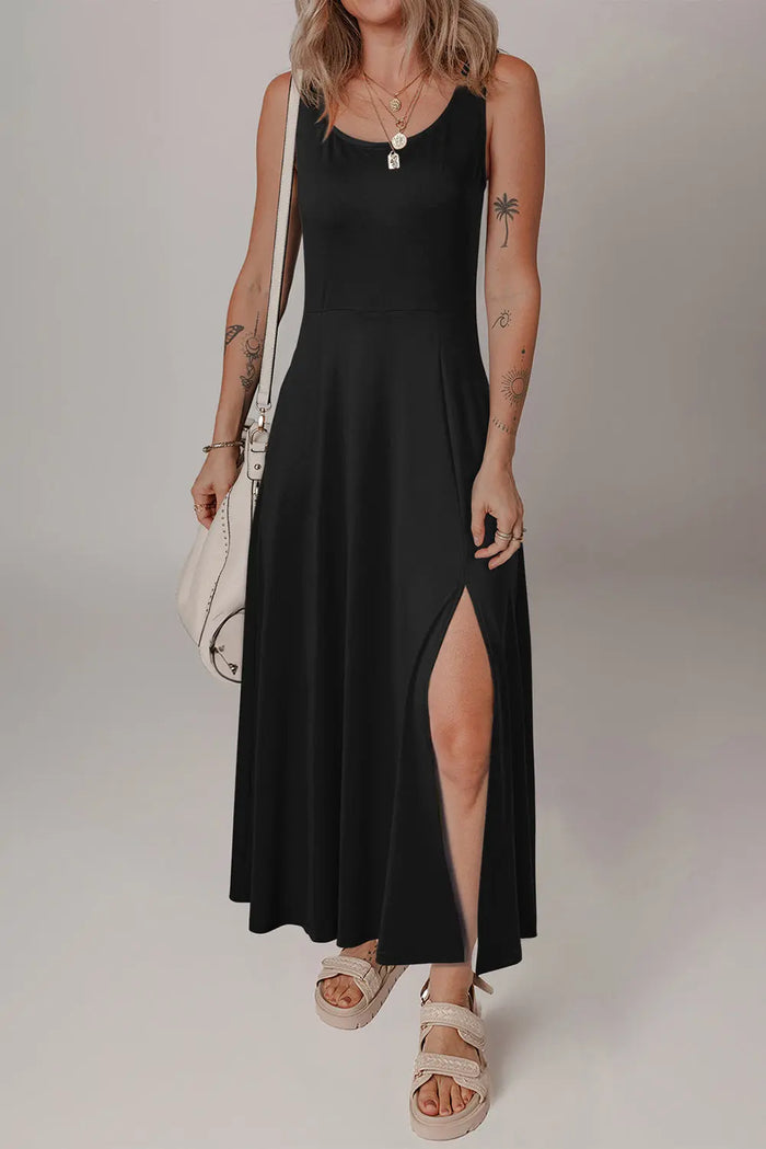 Black Sleeveless Scoop Neck Flared Split Midi Dress - S / 95% Polyester + 5% Elastane - Dresses/Midi Dresses
