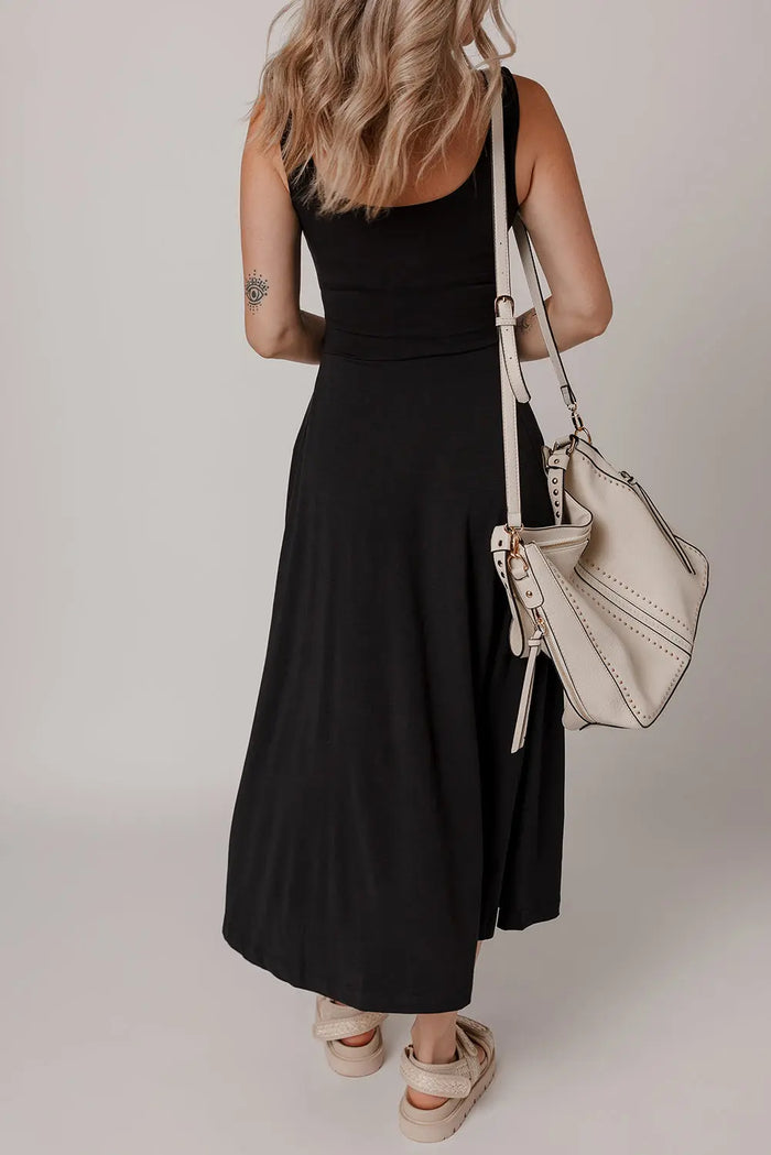 Black Sleeveless Scoop Neck Flared Split Midi Dress - Dresses/Midi Dresses