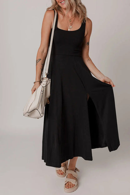 Black Sleeveless Scoop Neck Flared Split Midi Dress - Dresses/Midi Dresses