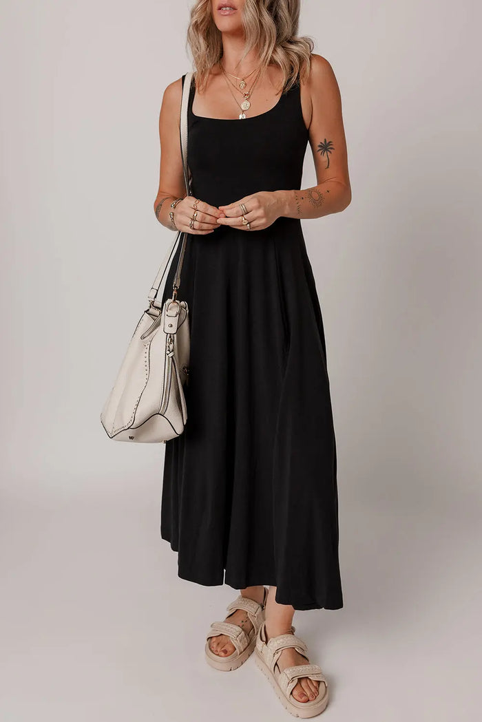 Black Sleeveless Scoop Neck Flared Split Midi Dress - Dresses/Midi Dresses