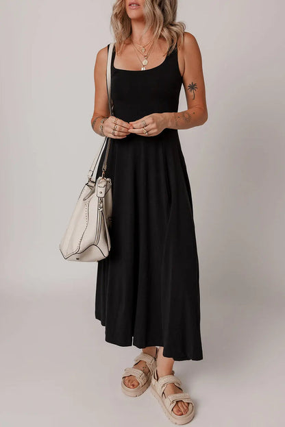 Black Sleeveless Scoop Neck Flared Split Midi Dress - Dresses/Midi Dresses
