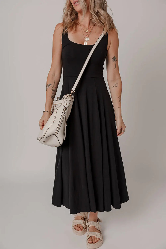 Black Sleeveless Scoop Neck Flared Split Midi Dress - Dresses/Midi Dresses