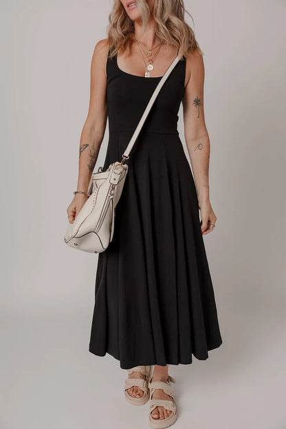 Black Sleeveless Scoop Neck Flared Split Midi Dress - Dresses/Midi Dresses