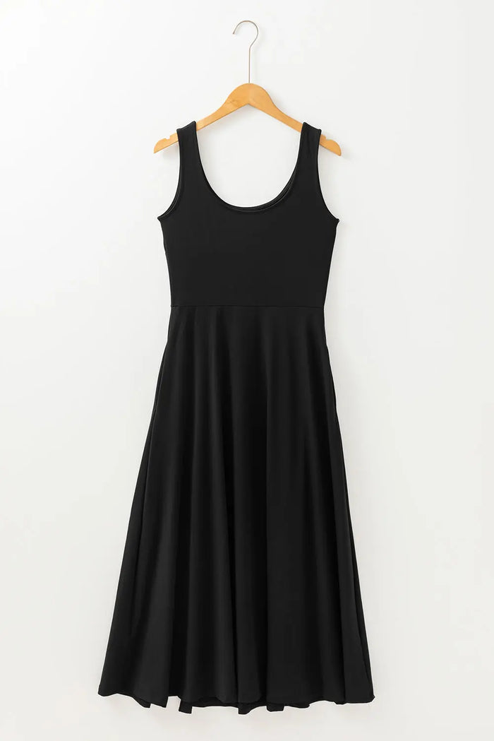 Black Sleeveless Scoop Neck Flared Split Midi Dress - Dresses/Midi Dresses