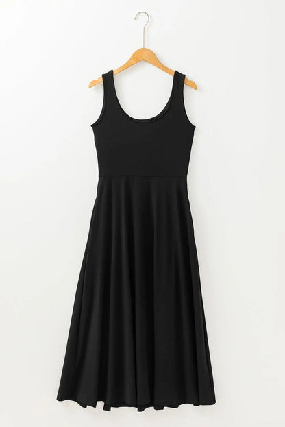 Black Sleeveless Scoop Neck Flared Split Midi Dress - Dresses/Midi Dresses