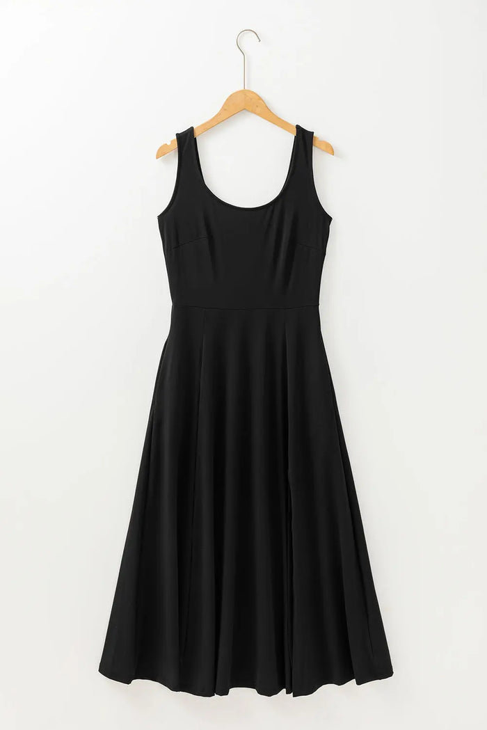 Black Sleeveless Scoop Neck Flared Split Midi Dress - Dresses/Midi Dresses