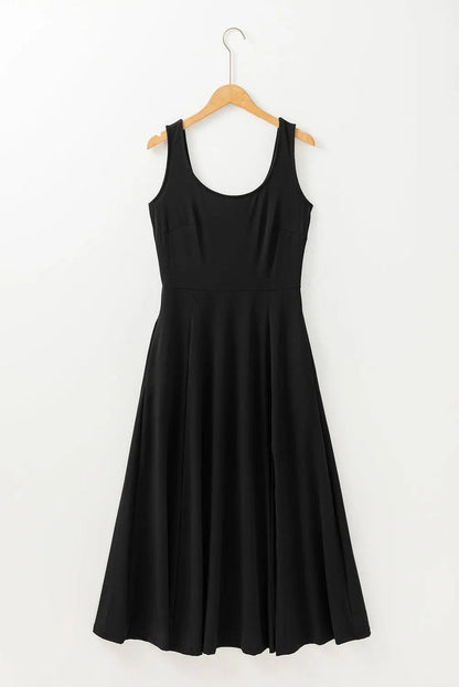 Black Sleeveless Scoop Neck Flared Split Midi Dress - Dresses/Midi Dresses