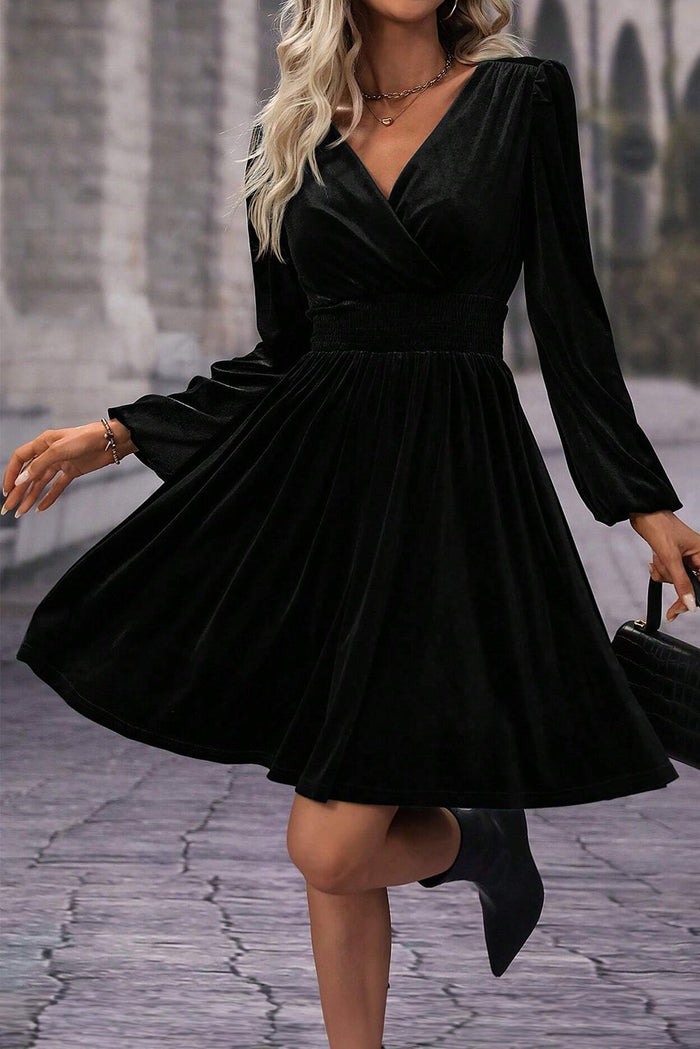 Black Velvet Long Sleeve Surplice High Waist Mini Dress - S / 95% Polyester + 5% Elastane - Dresses/Mini Dresses