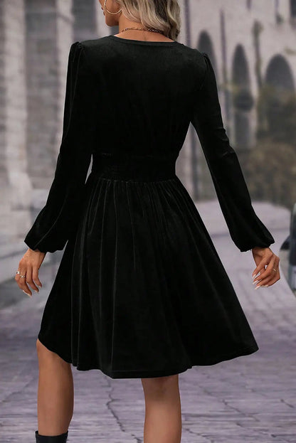 Black Velvet Long Sleeve Surplice High Waist Mini Dress - Dresses/Mini Dresses