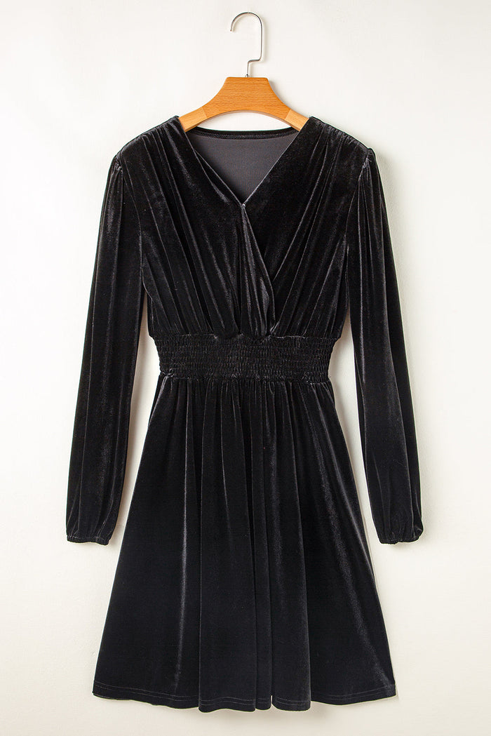 Black Velvet Long Sleeve Surplice High Waist Mini Dress - Dresses/Mini Dresses