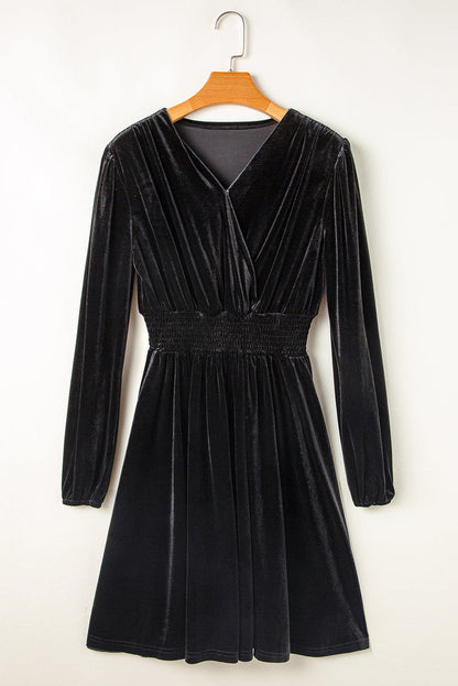 Black Velvet Long Sleeve Surplice High Waist Mini Dress - Dresses/Mini Dresses
