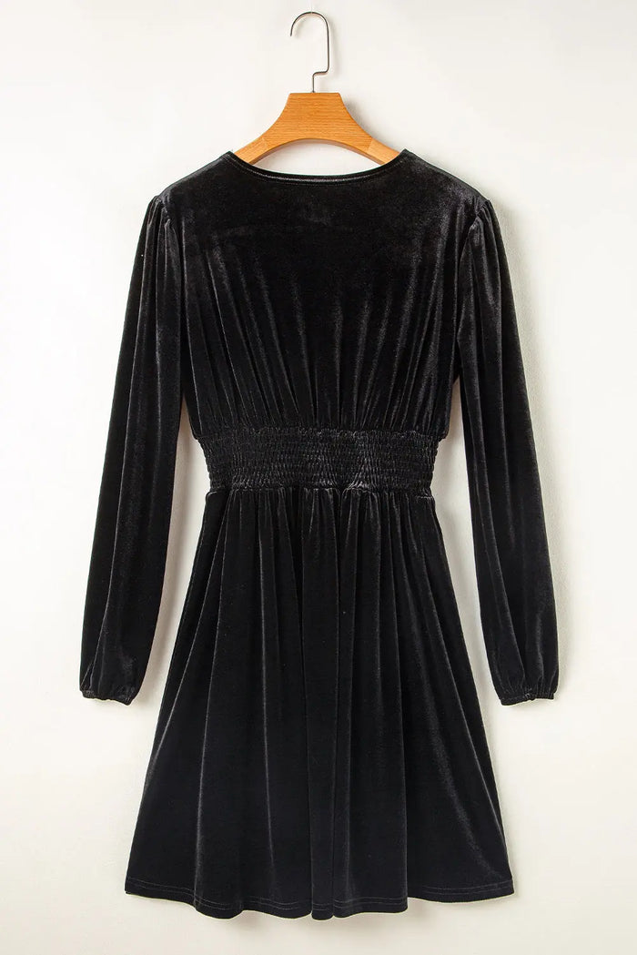 Black Velvet Long Sleeve Surplice High Waist Mini Dress - Dresses/Mini Dresses