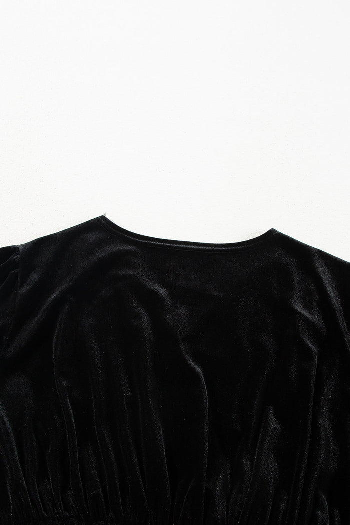 Black Velvet Long Sleeve Surplice High Waist Mini Dress - Dresses/Mini Dresses