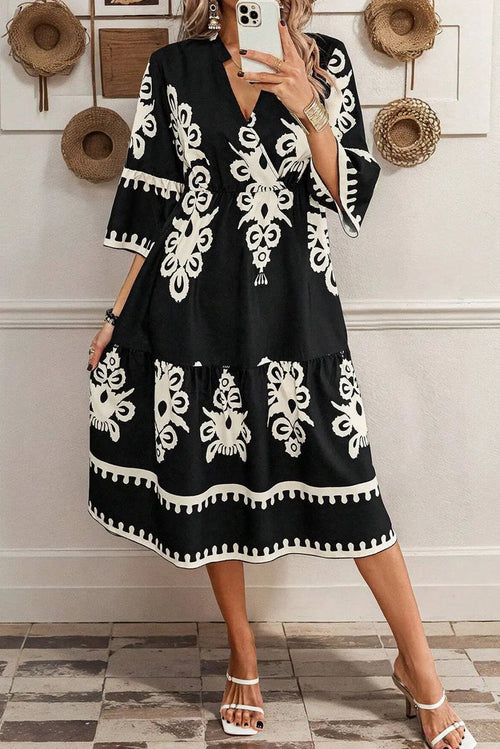 Shop Black Western Geometric Print 3/4 Sleeve Loose Midi Dress at eAura
