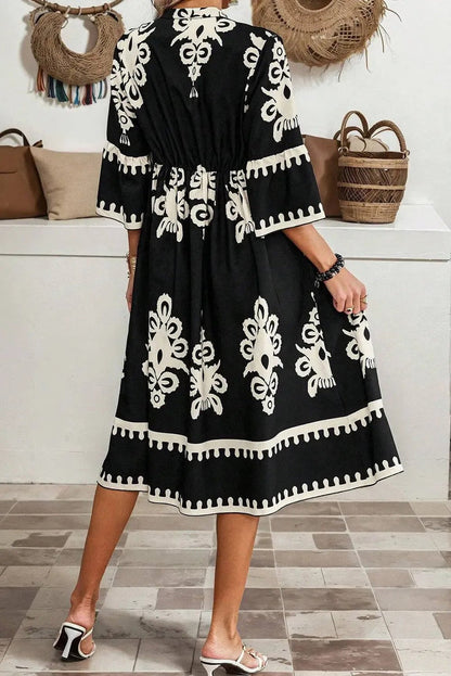 Shop Black Western Geometric Print 3/4 Sleeve Loose Midi Dress at eAura