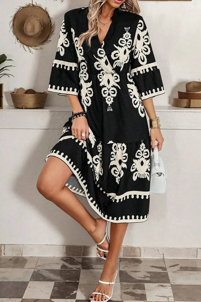 Shop Black Western Geometric Print 3/4 Sleeve Loose Midi Dress at eAura