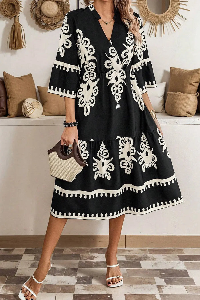 Shop Black Western Geometric Print 3/4 Sleeve Loose Midi Dress at eAura