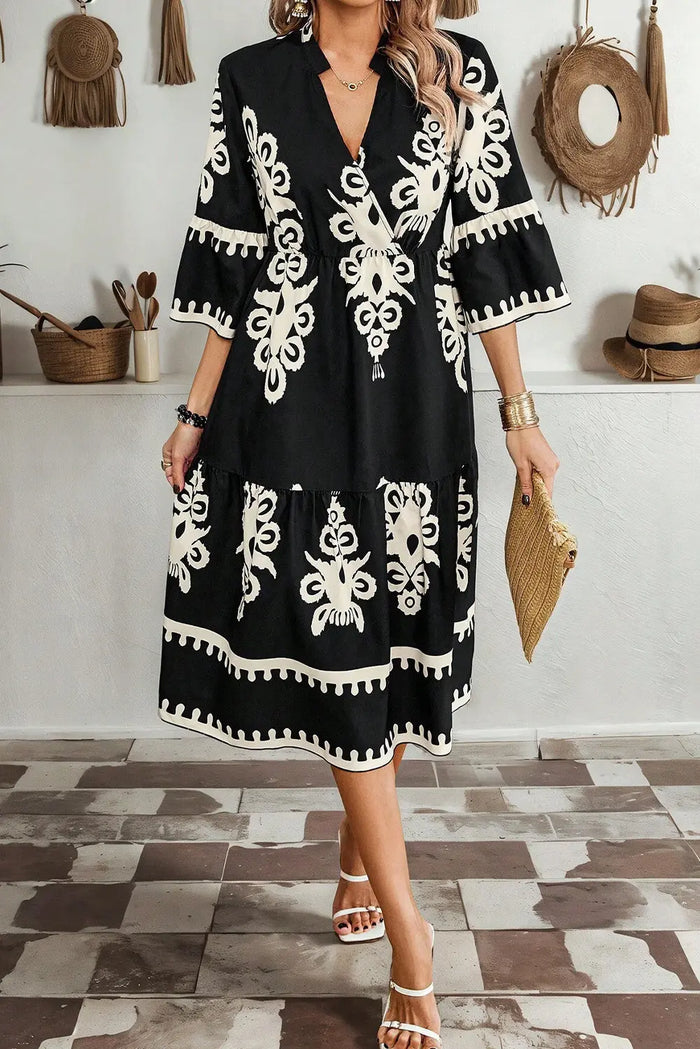 Shop Black Western Geometric Print 3/4 Sleeve Loose Midi Dress at eAura