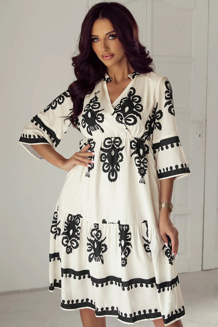 Shop Black Western Geometric Print 3/4 Sleeve Loose Midi Dress at eAura