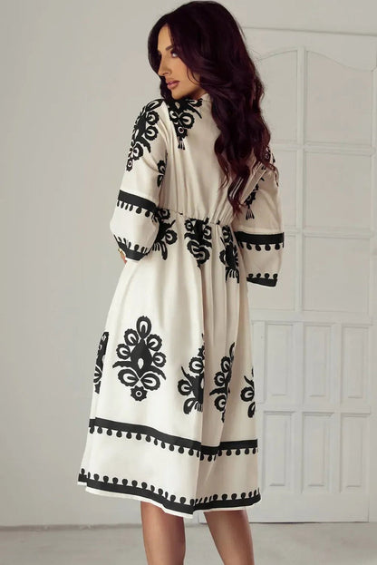 Shop Black Western Geometric Print 3/4 Sleeve Loose Midi Dress at eAura