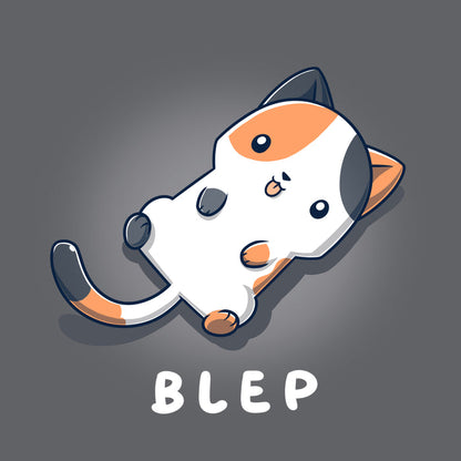 Premium Cotton T-shirt_TeeTurtle charcoal gray Blep Kitty apparel featuring an illustration of a calico cat laying on its back with its tongue sticking out. The word "BLEP" is written below.