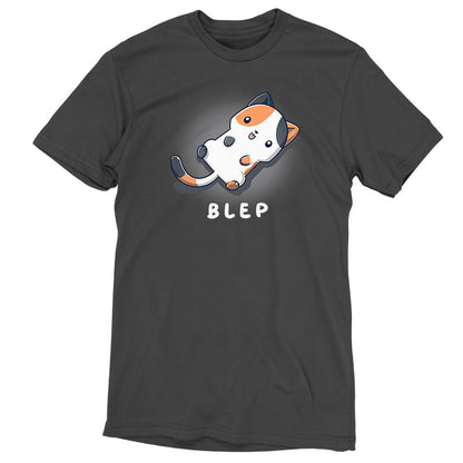 Premium Cotton T-shirt_TeeTurtle charcoal gray Blep Kitty apparel featuring an illustration of a calico cat laying on its back with its tongue sticking out. The word "BLEP" is written below.