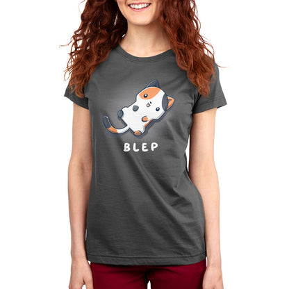 Premium Cotton T-shirt_TeeTurtle charcoal gray Blep Kitty apparel featuring an illustration of a calico cat laying on its back with its tongue sticking out. The word "BLEP" is written below.
