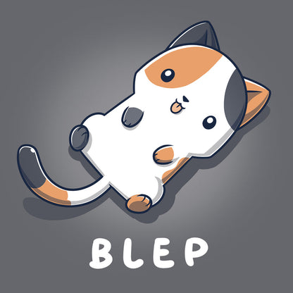 Classic Cotton T-shirt_TeeTurtle charcoal gray Blep Kitty apparel featuring an illustration of a calico cat laying on its back with its tongue sticking out. The word "BLEP" is written below.