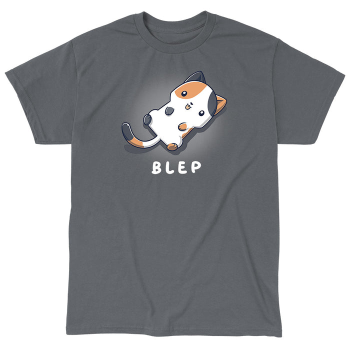 Classic Cotton T-shirt_TeeTurtle charcoal gray Blep Kitty apparel featuring an illustration of a calico cat laying on its back with its tongue sticking out. The word "BLEP" is written below.