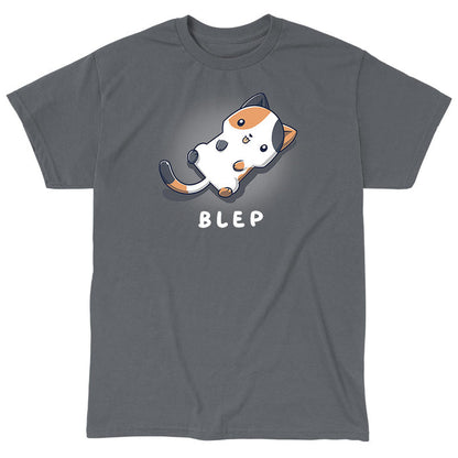 Classic Cotton T-shirt_TeeTurtle charcoal gray Blep Kitty apparel featuring an illustration of a calico cat laying on its back with its tongue sticking out. The word "BLEP" is written below.
