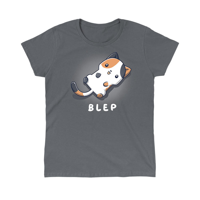 Classic Cotton T-shirt_TeeTurtle charcoal gray Blep Kitty apparel featuring an illustration of a calico cat laying on its back with its tongue sticking out. The word "BLEP" is written below.