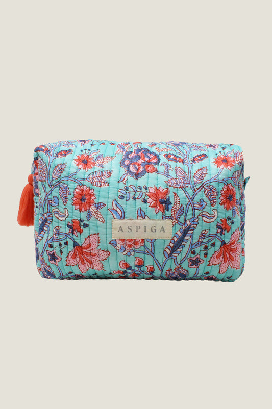Block Print Large Wash Bag | Gardenia Blue/Red - Aspiga