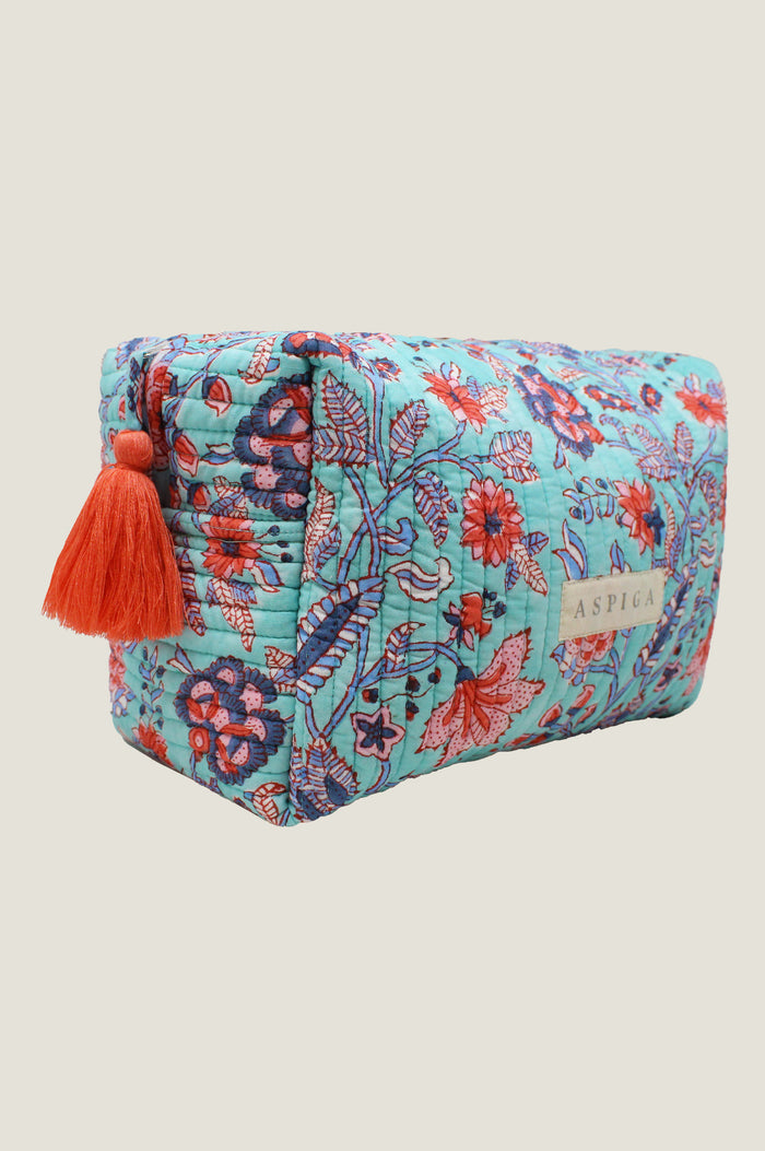 Block Print Large Wash Bag | Gardenia Blue/Red - Aspiga