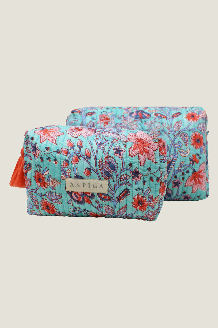 Block Print Large Wash Bag | Gardenia Blue/Red - Aspiga