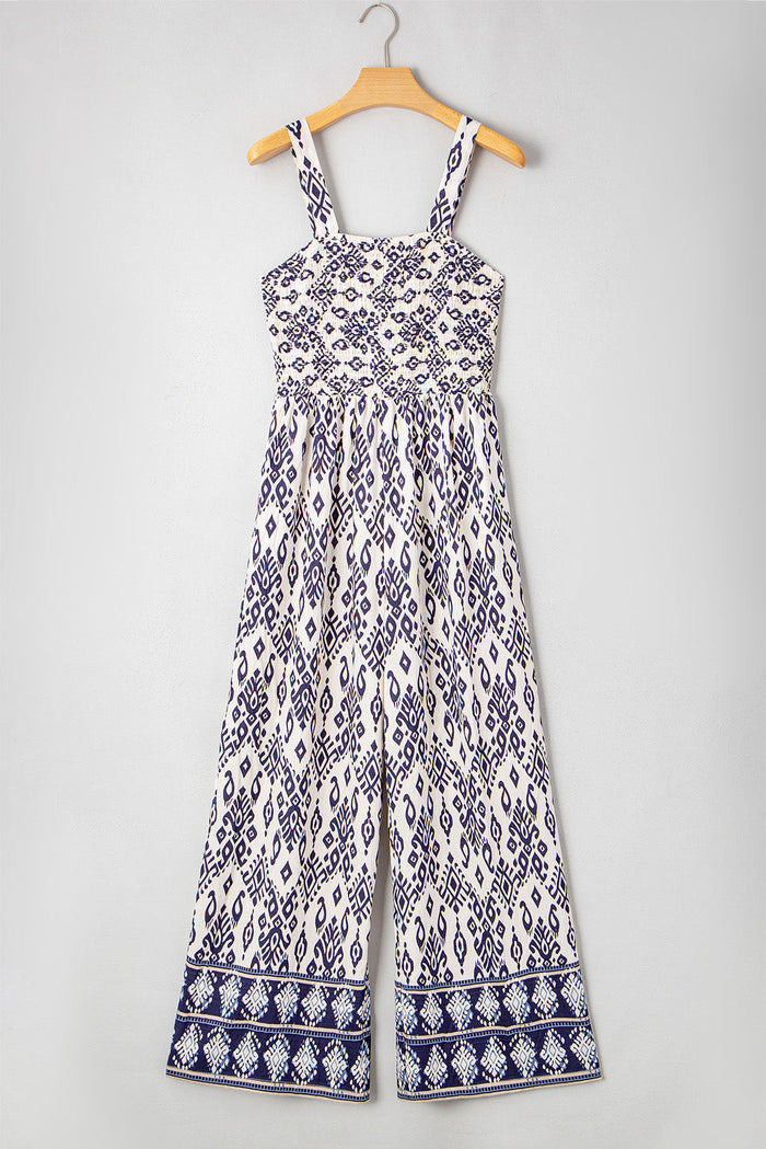 Blue Boho Geometric Print Shirred High Waist Wide Leg Jumpsuit - Bottoms/Jumpsuits & Rompers