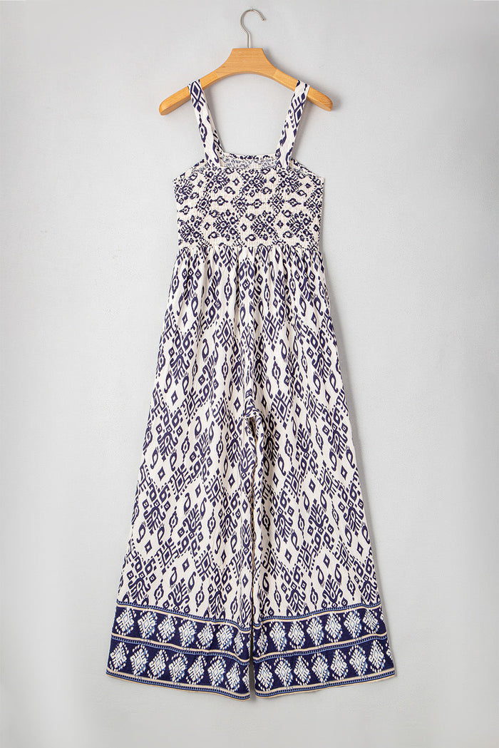 Blue Boho Geometric Print Shirred High Waist Wide Leg Jumpsuit - Bottoms/Jumpsuits & Rompers