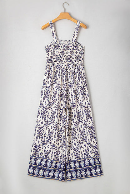 Blue Boho Geometric Print Shirred High Waist Wide Leg Jumpsuit - Bottoms/Jumpsuits & Rompers